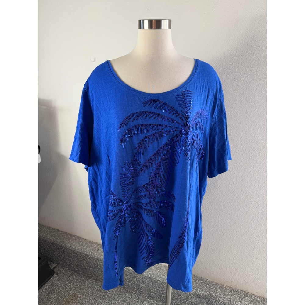 Catherines Womens Plus 3X Blue Cotton Slub Knit Short Sleeve Crew Neck T Shirt